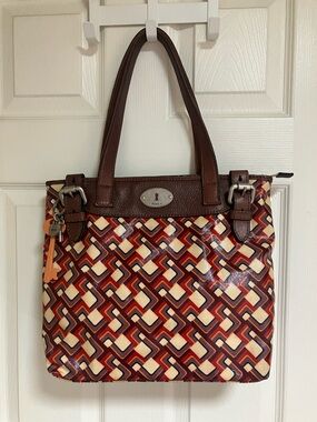 Fossil Key Per Multicolor Geometric Tote with Brown Trim